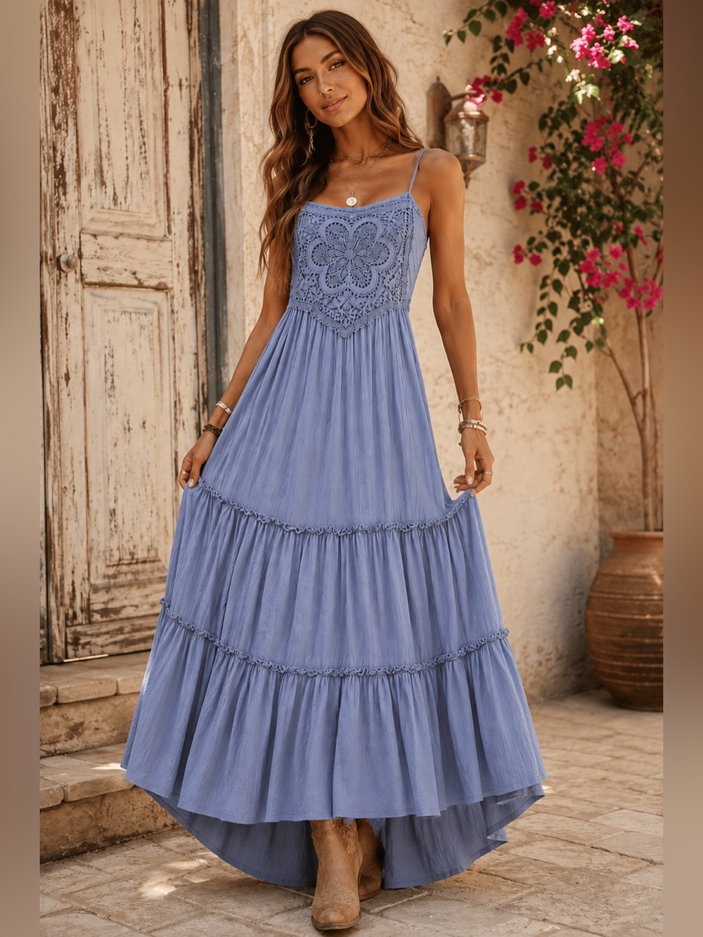 Faded Rose crochet open-back high-low maxi dress, size Large.